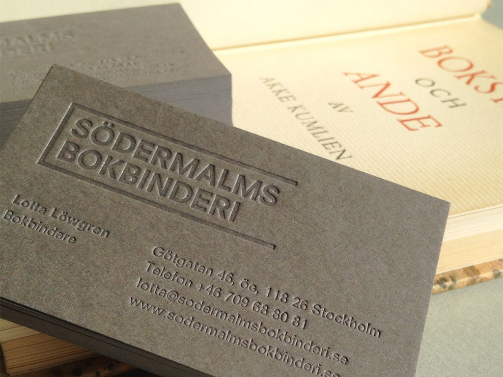 Södermalms Bokbinderi business card.